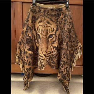 ONE SIZE FITS ALL TIGER PRINT AND FRINGE SWEATER/CAPE